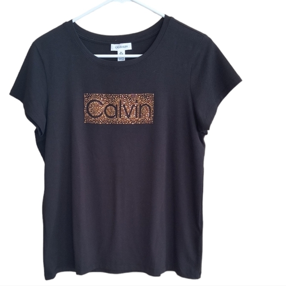 Calvin Klein Tops - Calvin Klein Black With Gold Rhinestone Bling Short Sleeve Tee Size M
